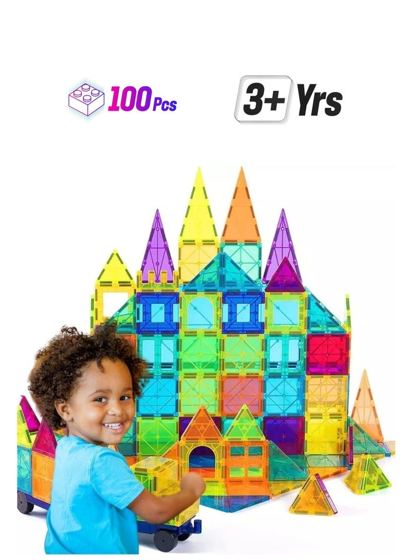 xppier 100 قطعة من بلاط البناء المغناطيسي، لون واضح ونابض بالحياة، التعلم المبكر، مكعبات بناء مغناطيسية ثلاثية الأبعاد، لوحات لعب البناء، إبداع يفوق الخيال (100 قطعة بلاط) - Image 2